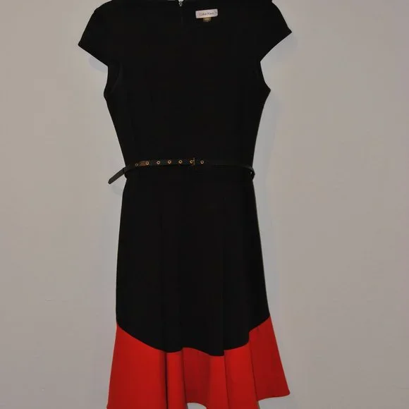 Calvin Klein Fit & Flare Cap Sleeve Belted Dress Red & Black Size 4 Calvin Klein Fit & Flare Cap Sleeve Belted Dress Red & Black Size 4